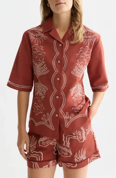 Scotch & Soda Embroidered Cotton & Linen Button-up Shirt In Brown