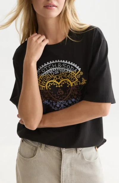 Scotch & Soda Embroidered Graphic Loose Fit T-shirt In Black