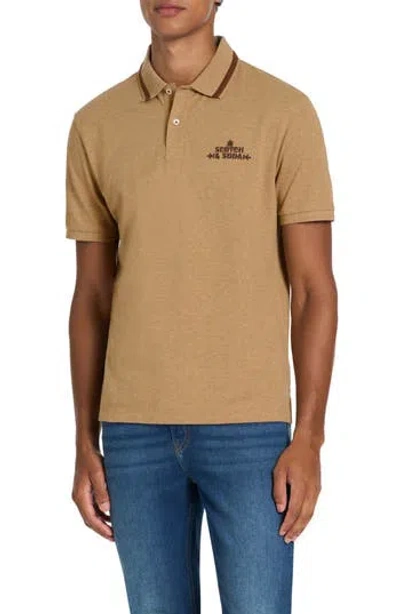 Scotch & Soda Embroidered Logo Piqué Polo In Brown