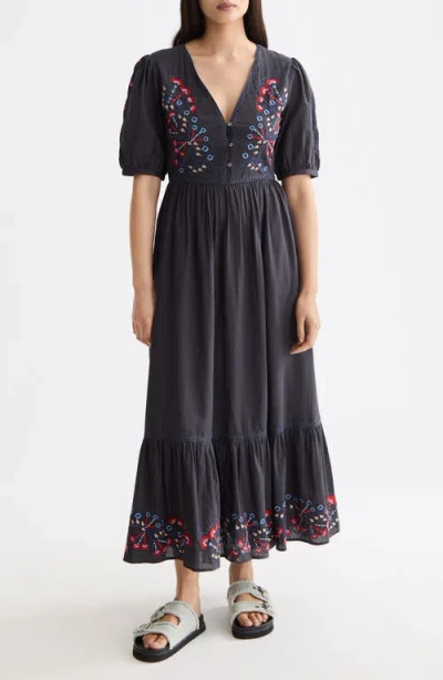 Scotch & Soda Embroidered Puff Sleeve Tiered Cotton & Linen Maxi Dress In Blue
