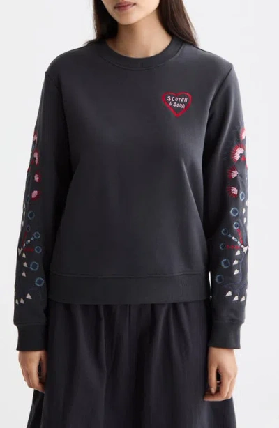 Scotch & Soda Embroidered Regular Fit Crewneck Sweatshirt In Black