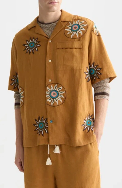 Scotch & Soda Embroidered Short Sleeve Linen Blend Button-up Shirt In Brown