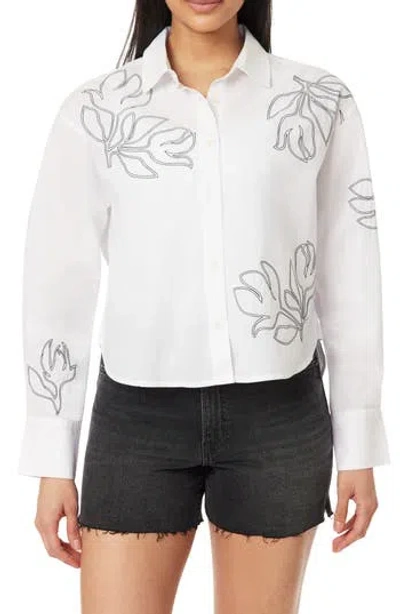 Scotch & Soda Floral Embroidered Crop Button-up Shirt In White