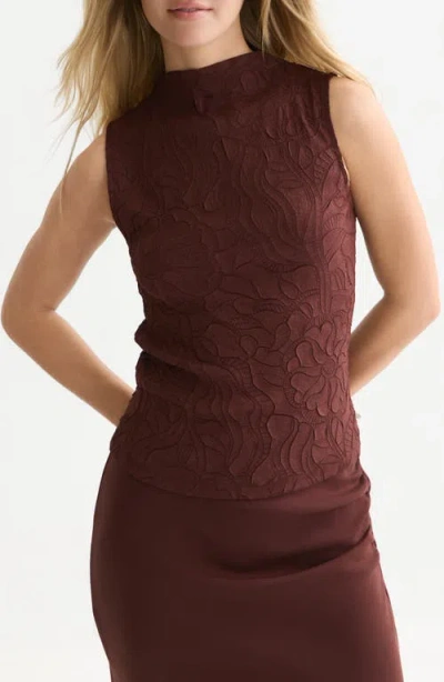 Scotch & Soda Floral Jacquard Sleeveless Funnel Neck Top In Brown