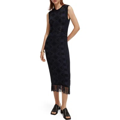Scotch & Soda Geo Jacquard Fringe Hem Sleeveless Sweater Dress In Transparent