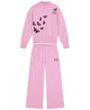 Scotch & Soda Kids' Butterfly Embroidered Fleece Sweatshirt & Wide Leg Sweatpants Set In Purple