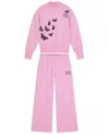 Scotch & Soda Kids' Butterfly Embroidered Fleece Sweatshirt & Wide Leg Sweatpants Set In Pink