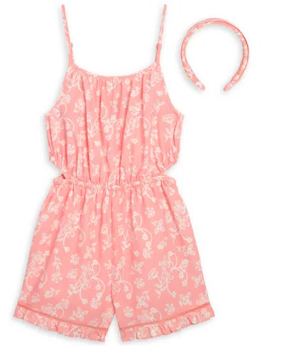 Scotch & Soda Kids' Girls' 7-14 Floral-print Crochet-trim Sleeveless Romper And Headband, 2-piece Set In Pink