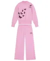 Scotch & Soda Kids' Butterfly Embroidered Fleece Sweatshirt & Wide Leg Sweatpants Set In Pink