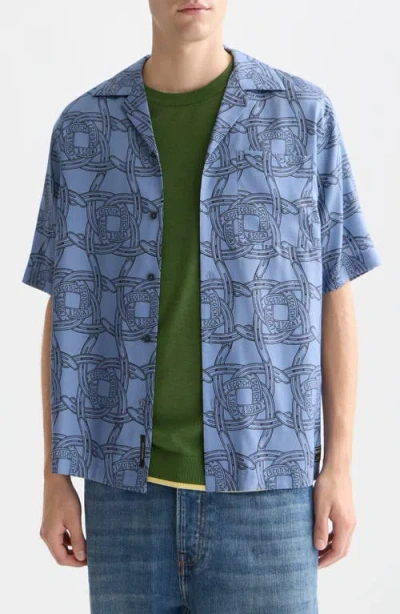 Scotch & Soda Printed Tencel Relaxed Fit Short Sleeve Shirt In Blue