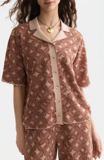 Scotch & Soda Jacquard Button Front Camp Sweater In Brown