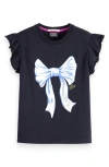 Scotch & Soda Kids' Bow Ruffle Sleeve Cotton T-shirt In Black