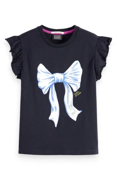 Scotch & Soda Kids' Bow Ruffle Sleeve Cotton T-shirt In Black