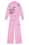 Scotch & Soda Kids' Butterfly Embroidered Fleece Sweatshirt & Wide Leg Sweatpants Set In Purple