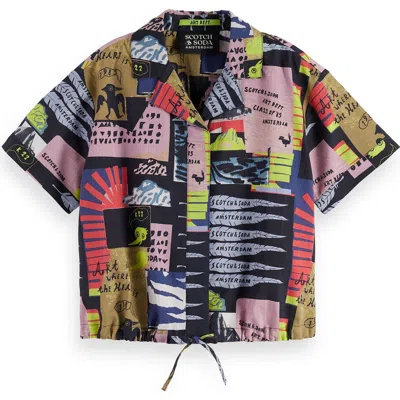 Scotch & Soda Kids' Collage Print Short Sleeve Cotton Camp Shirt In Multi
