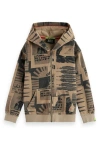 Scotch & Soda Boy's Graphic-print Cotton Zip-front Hoodie In Brown
