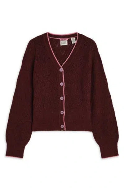 Scotch & Soda Kids' Cotton Pointelle Cardigan In Burgundy