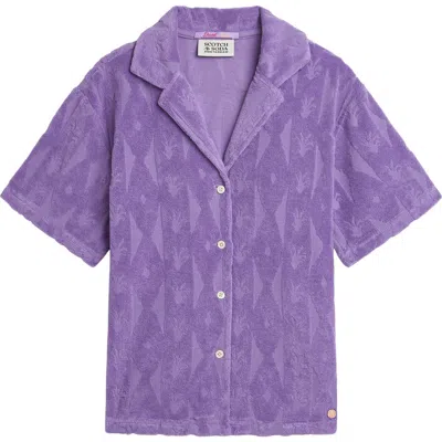 Scotch & Soda Kids' Jacquard Cotton Blend Button-up Camp Shirt In Purple