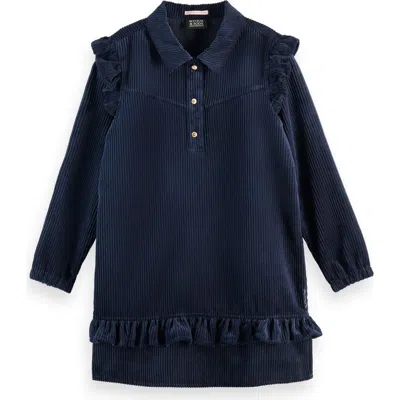 Scotch & Soda Kids' Long Sleeve Ruffled Corduroy Dress In Blue