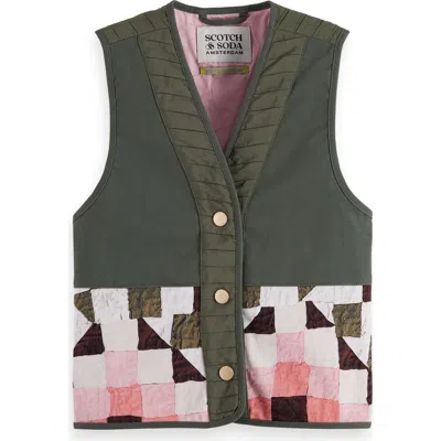 Scotch & Soda Kids' Patchwork Quilted Cotton Twill Vest In Green