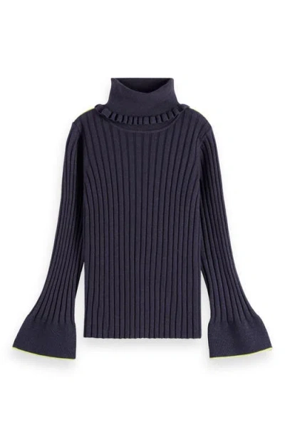 Scotch & Soda Kids' Rib Mock Neck Flare Sleeve Sweater In Blue