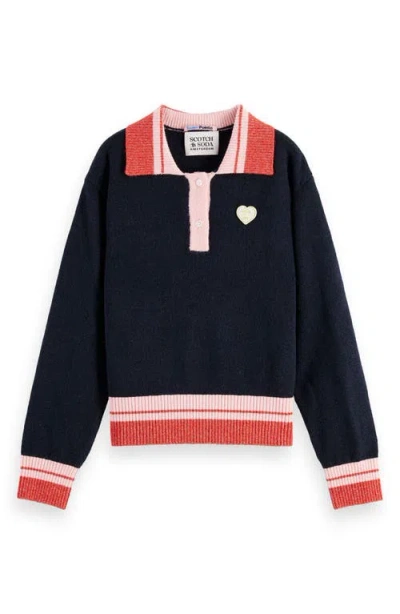 Scotch & Soda Kids' Sporty Stripe Rib Pullover In Black