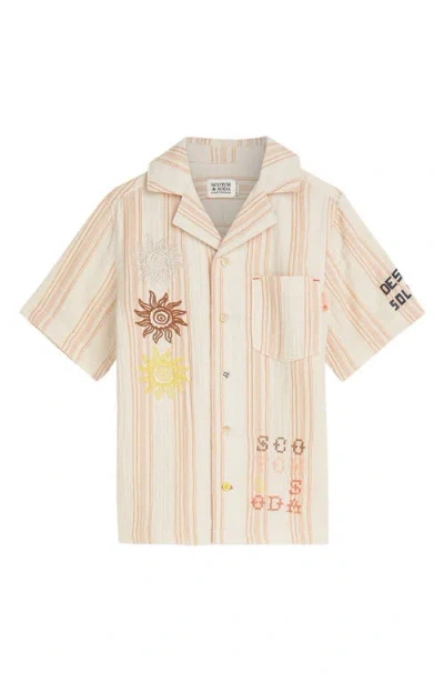 Scotch & Soda Kids' Stripe Embroidered Button-up Camp Shirt In Neutral
