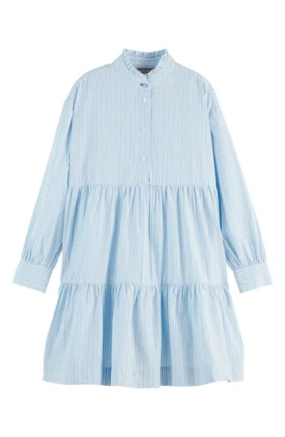 Scotch & Soda Kids' Stripe Long Sleeve Tiered Cotton Shirtdress In Blue