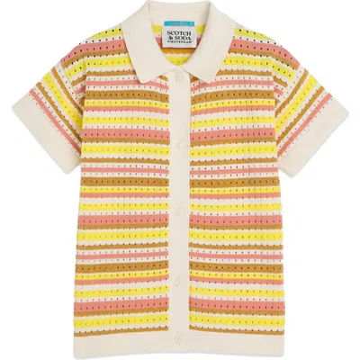 Scotch & Soda Kids' Stripe Open Stitch Polo Shirt In Multi