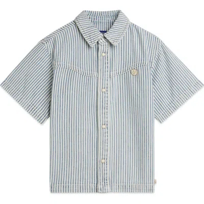 Scotch & Soda Kids' Stripe Short Sleeve Denim Button-up Shirt In Blue