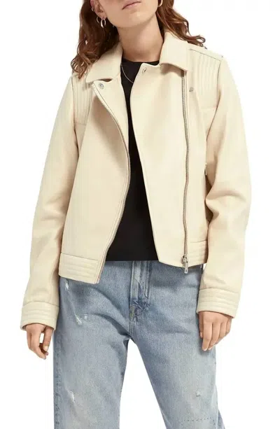 Scotch & Soda Leather Moto Jacket In Ecru In Neutral