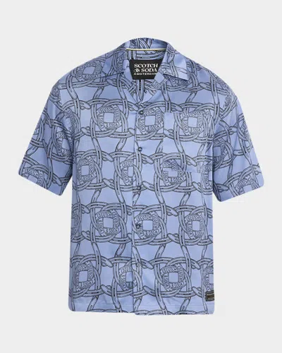 Scotch & Soda Printed Tencel Relaxed Fit Short Sleeve Shirt In Blue