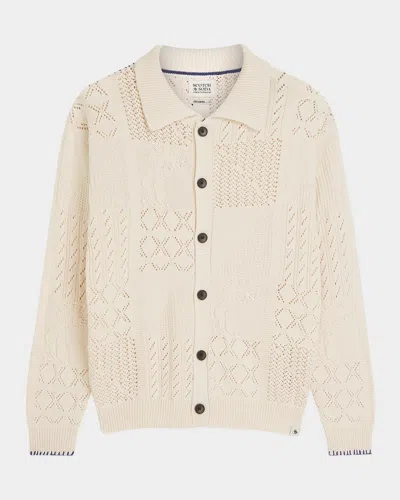Scotch & Soda Multi-stitch Patchwork Cable-knit Cardigan In Nude