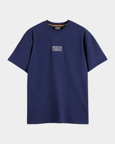 Scotch & Soda Men's Cotton Relaxed Fit Cross-stitch Artwork T-shirt In Blue