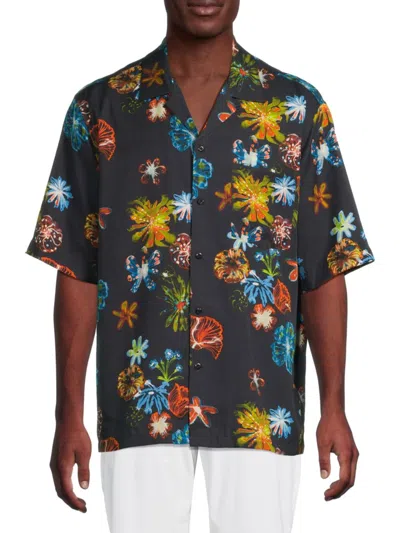 Scotch & Soda Men's Floral-print Lyocell Camp Shirt In Black