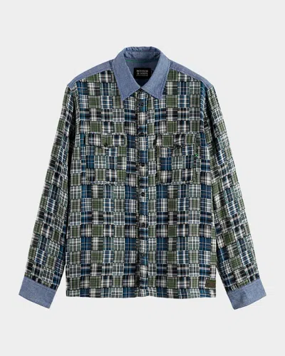 Scotch & Soda Men's Patchwork Flannel Relaxed-fit Button-down Shirt In Green