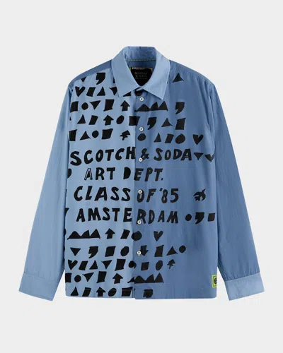 Scotch & Soda Men's Relaxed-fit Letters Poplin Button-down Shirt In Blue