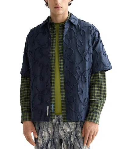 Scotch & Soda Oversize Textured Short Sleeve Cotton Blend Button-up Shirt In Blue