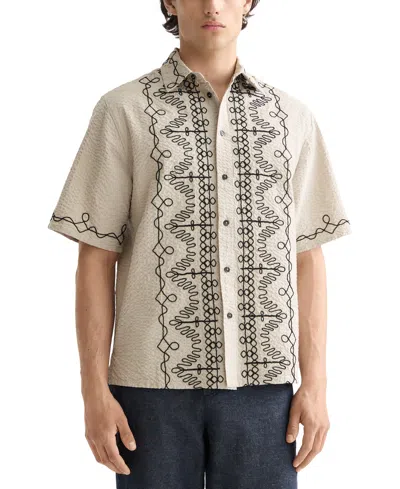 Scotch & Soda Oversize Embroidered Short Sleeve Cotton Seersucker Button-up Shirt In Neutral
