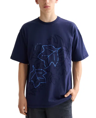 Scotch & Soda Loose Fit Leaf Embroidered Cotton T-shirt In Blue