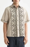 Scotch & Soda Oversize Embroidered Short Sleeve Cotton Seersucker Button-up Shirt In Neutral