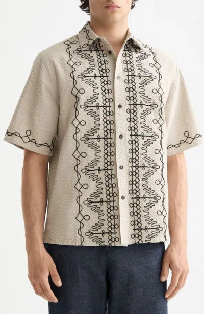 SCOTCH & SODA SCOTCH & SODA OVERSIZE EMBROIDERED SHORT SLEEVE COTTON SEERSUCKER BUTTON-UP SHIRT