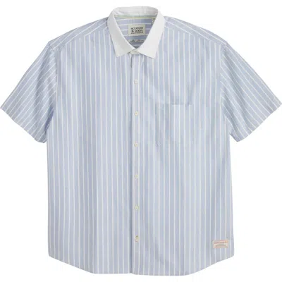 Scotch & Soda Pinpoint Boxy Short Sleeve Cotton Button-up Shirt In Blue