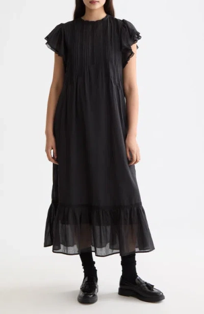 Scotch & Soda Pleated Lace Trim Cotton Maxi Dress In Black