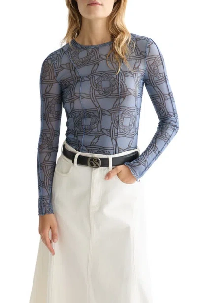 Scotch & Soda Printed Seamed Mesh Top In Blue