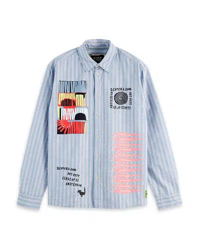 Scotch & Soda Regular Fit Graphic Patchwork Shirt In Blue