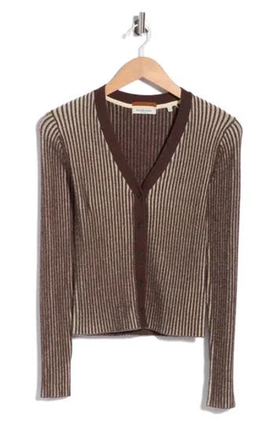 Scotch & Soda Ribbed V Neck Cardigan In Seal Brown Reed Yellow