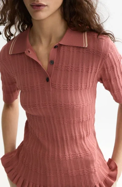 Scotch & Soda Ripple Stitch Knit Polo Top In Burgundy