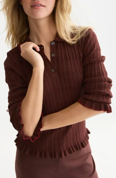 Scotch & Soda Ripple Stitch Polo Sweater In Bitter Chocolate