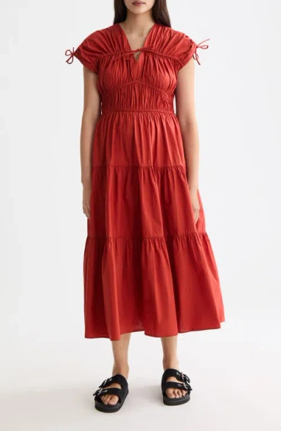 Scotch & Soda Ruched Tiered Cotton Midi Dress In Red